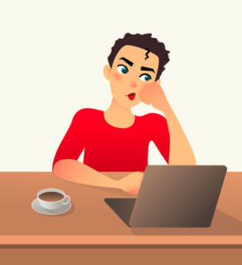 cartoon of a woman sitting at a laptop, head on hand, looking very frustrated