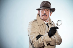 Detective dressed in a beige trench coat with a big mustache and Sherlock Holmes style hat. He is holding a magnifying glass. and looking thoughtful